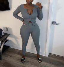 Casual Zipper Solid Color Two Piece Pants Set HMS-6382