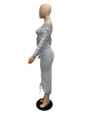 Fashion Drawstring One Shoulder Two Piece Skirt Set QXTF-8220