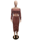 Fashion Drawstring One Shoulder Two Piece Skirt Set QXTF-8220