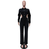 Fashion Denim Hollow Out Lapel Jumpsuit MEM-88537