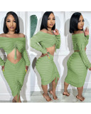 Fashion Drawstring One Shoulder Two Piece Skirt Set QXTF-8220