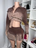 Gradient Color Denim Long Sleeve Short 2 Piece Set MEM-88535