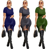 Solid Color Short Sleeve Tassel Mini Dress XMY-9465