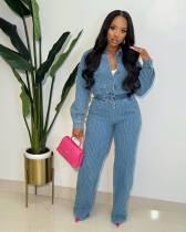 Fashion Drawstring Long Sleeve Denim Two Piece Set YMEF-51025