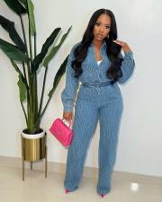 Fashion Drawstring Long Sleeve Denim Two Piece Set YMEF-51025