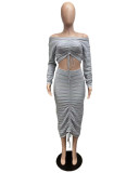 Fashion Drawstring One Shoulder Two Piece Skirt Set QXTF-8220