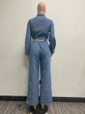 Fashion Drawstring Long Sleeve Denim Two Piece Set YMEF-51025