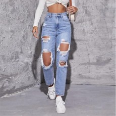 High Waist Holes Straight Jeans GKNF-TS009
