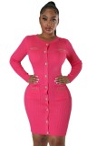 Solid Single Breasted Knits Mini Dress OSM-4408