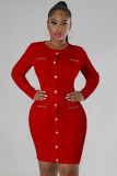 Solid Single Breasted Knits Mini Dress OSM-4408
