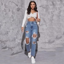 High Waist Holes Straight Jeans GKNF-TS009