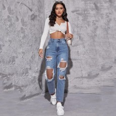 High Waist Holes Straight Jeans GKNF-TS009