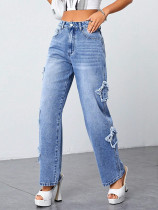 Irregular Star High Waist Straight Jeans GKNF-TS-A7243
