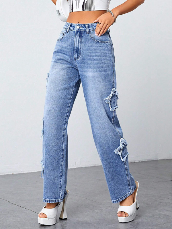 Irregular Star High Waist Straight Jeans GKNF-TS-A7243