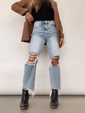 Washed Holes High-waisted loose Jean GKNF-TSX-9063