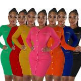Solid Single Breasted Knits Mini Dress OSM-4408