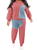 Plus Size Contrast Color Denim Patchwork Two Piece Pants Set GDAM-218325
