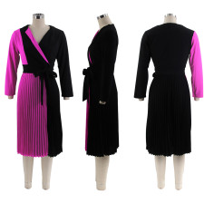 Color Blocked Tie Up Pressed Pleat Midi Dress SFY-396