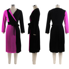Color Blocked Tie Up Pressed Pleat Midi Dress SFY-396