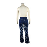 Checkered Holes Loose Micro Flare Jeans TE-4644