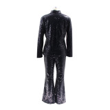 Casual Lapel Neck Sequin Shirt Pants Two Piece Set SFY-2511