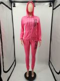PINK Letter Print Hooded Solid Two Piece Pants Set XMF-332