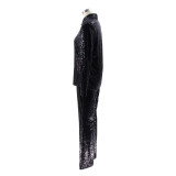 Casual Lapel Neck Sequin Shirt Pants Two Piece Set SFY-2511
