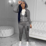 PINK Letter Print Hooded Solid Two Piece Pants Set XMF-332