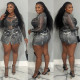 Mesh Long Sleeve Print Bodysuits CulottesTwo Piece  Set BN-9441