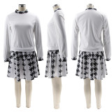 Houndstooth Print Long Sleeve Pleated Skirt 2 Piece Set SFY-8522