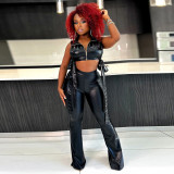 Sexy Side Hollow Out Tie Vest High Waisted Flared Pants Suit GNZD-9762
