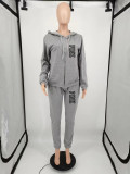 PINK Letter Print Hooded Solid Two Piece Pants Set XMF-332