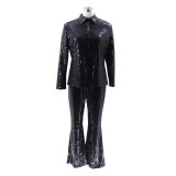 Casual Lapel Neck Sequin Shirt Pants Two Piece Set SFY-2511