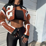 Contrast Color Embroidery Splicing Faux Leather Jacket XEF-37660