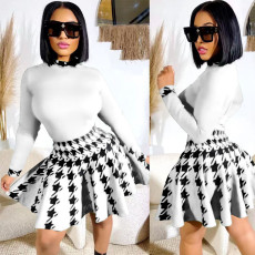 Houndstooth Print Long Sleeve Pleated Skirt 2 Piece Set SFY-8522