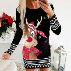 Christmas Printed Long Sleeve Midi Dress GSGS-3590