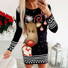 Christmas Printed Long Sleeve Midi Dress GSGS-3590