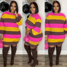 Contrast Color Stripe Knit Sweater Dress GYSF-8005