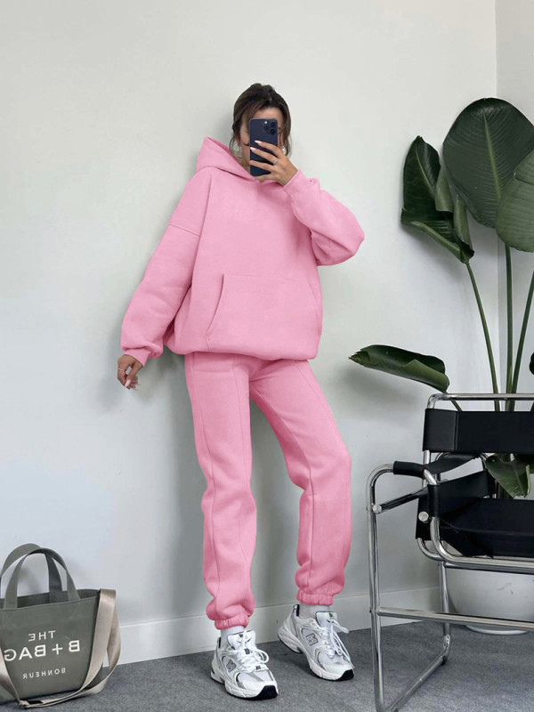 Solid Thickened Padded Hooded Sweater Two Piece Set SSNF-211402