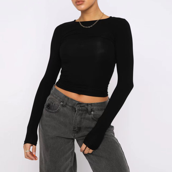 Solid Color Bottom Round Neck T-shirt YLDF-23214