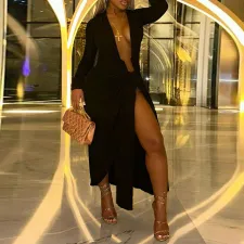 Solid Color Long Sleeve Big Split Maxi Dress NY-10662