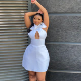 Sleeveless Solid Color Cutout Bow Mini Dress NY-10656