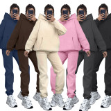 Solid Thickened Padded Hooded Sweater Two Piece Set SSNF-211402