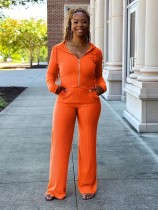Solid Zipper Hoodies Pants Sport Two Piece Set ORY-5256