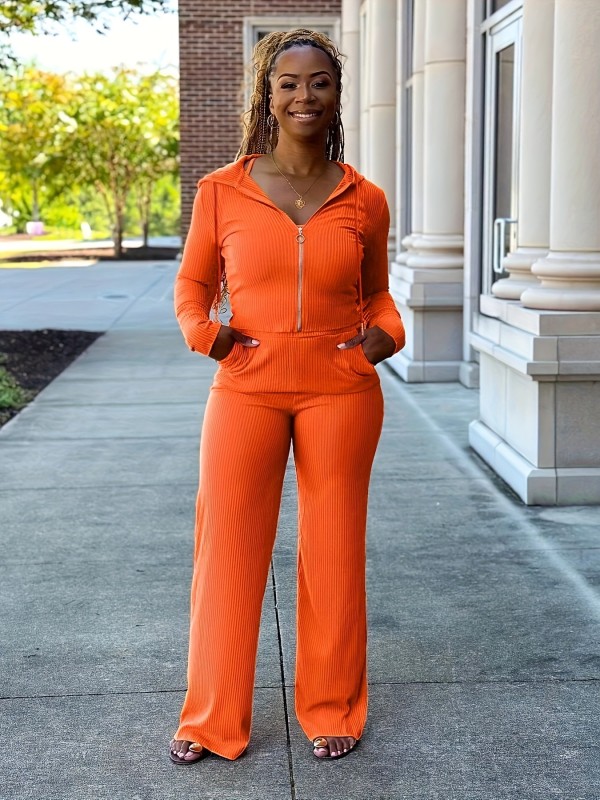 Solid Zipper Hoodies Pants Sport Two Piece Set ORY-5256