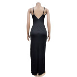 Solid Hot Rhinestone Sleeveless Split Maxi Dress BY-6705
