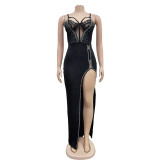 Solid Hot Rhinestone Sleeveless Split Maxi Dress BY-6705