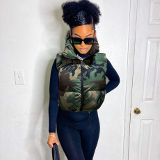 Camouflage Collar Sleeveless Short Cotton Jacket Coat GNZD-9445TD