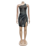 Sexy Mesh Hot Drill Slash Neck Mini Dress BY-6685