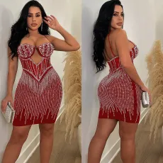 Solid Mesh Hot Rhinestone Halter Minit Dress BY-6753